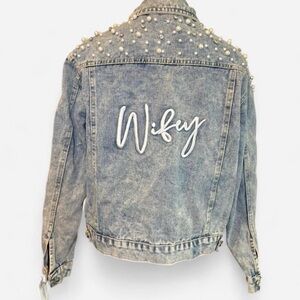 David's Bridal Blue Jean Jacket with Pearl and Rhinestone Details